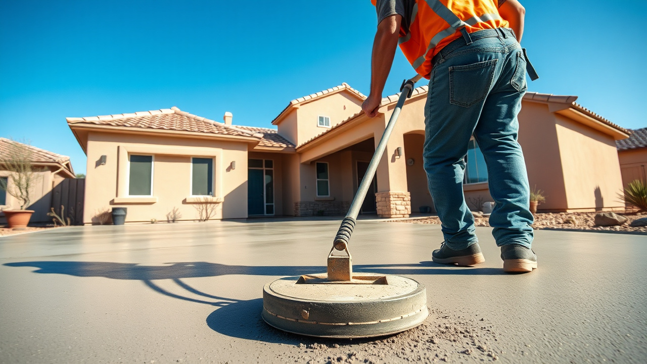 Concrete contractor finishing a new driveway pour in Queen Creek, Arizona