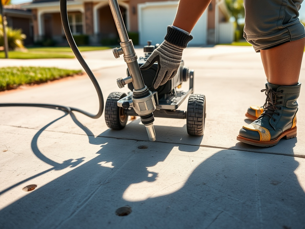 Technician performing concrete slab leveling on a residential driveway